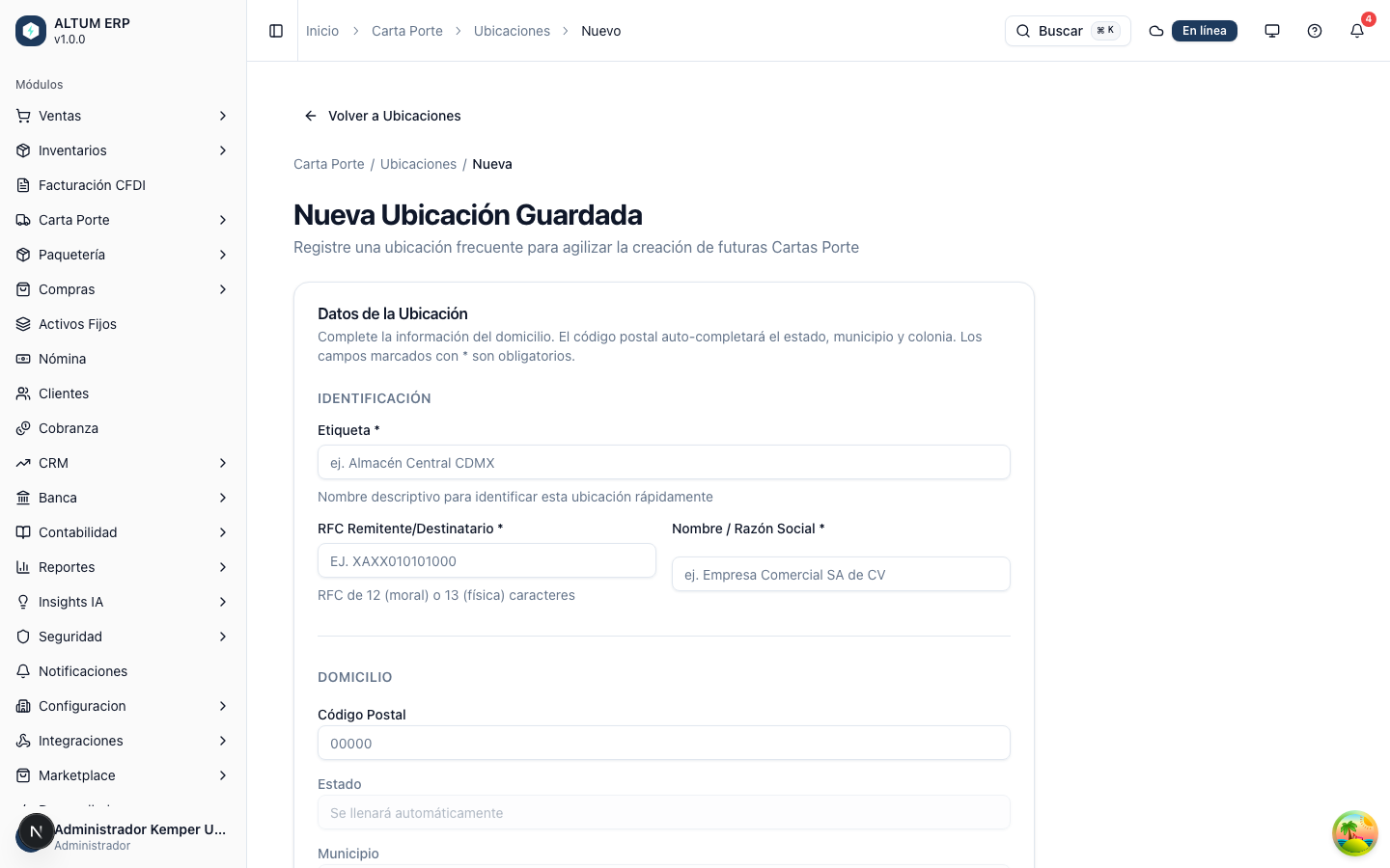 Formulario de nueva ubicación