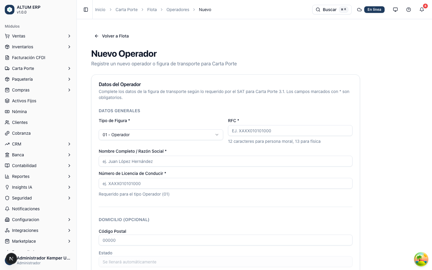Formulario de nuevo operador