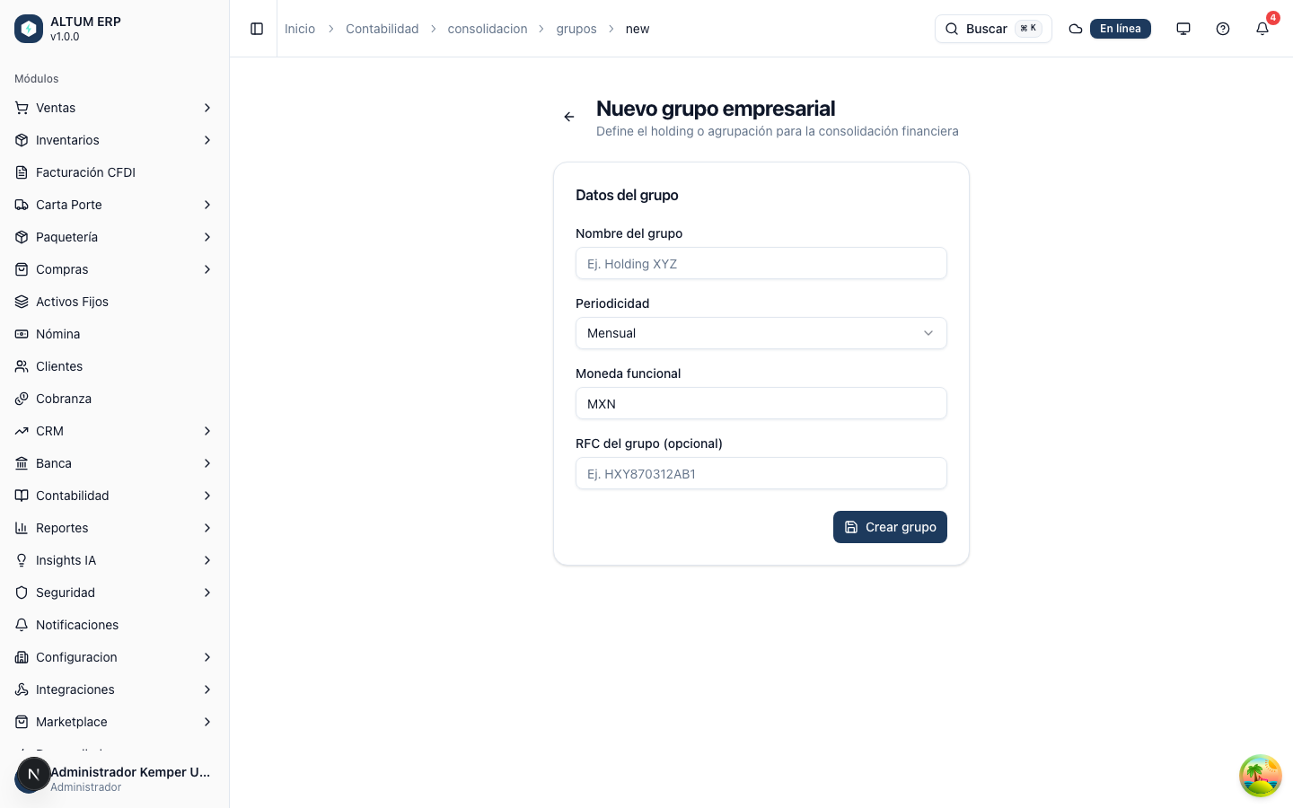 Formulario de nuevo grupo empresarial