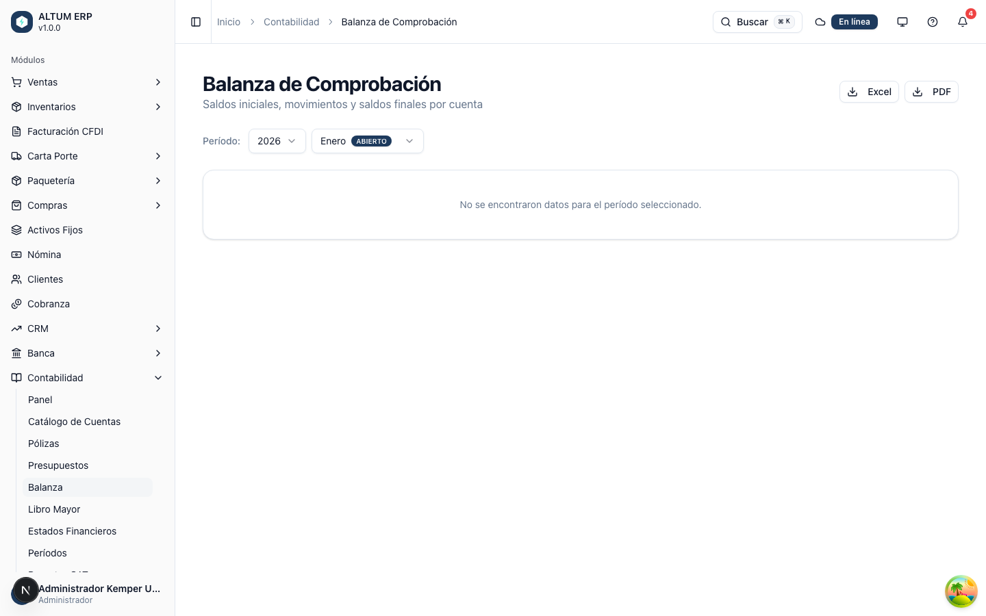 Pantalla de la balanza de comprobación