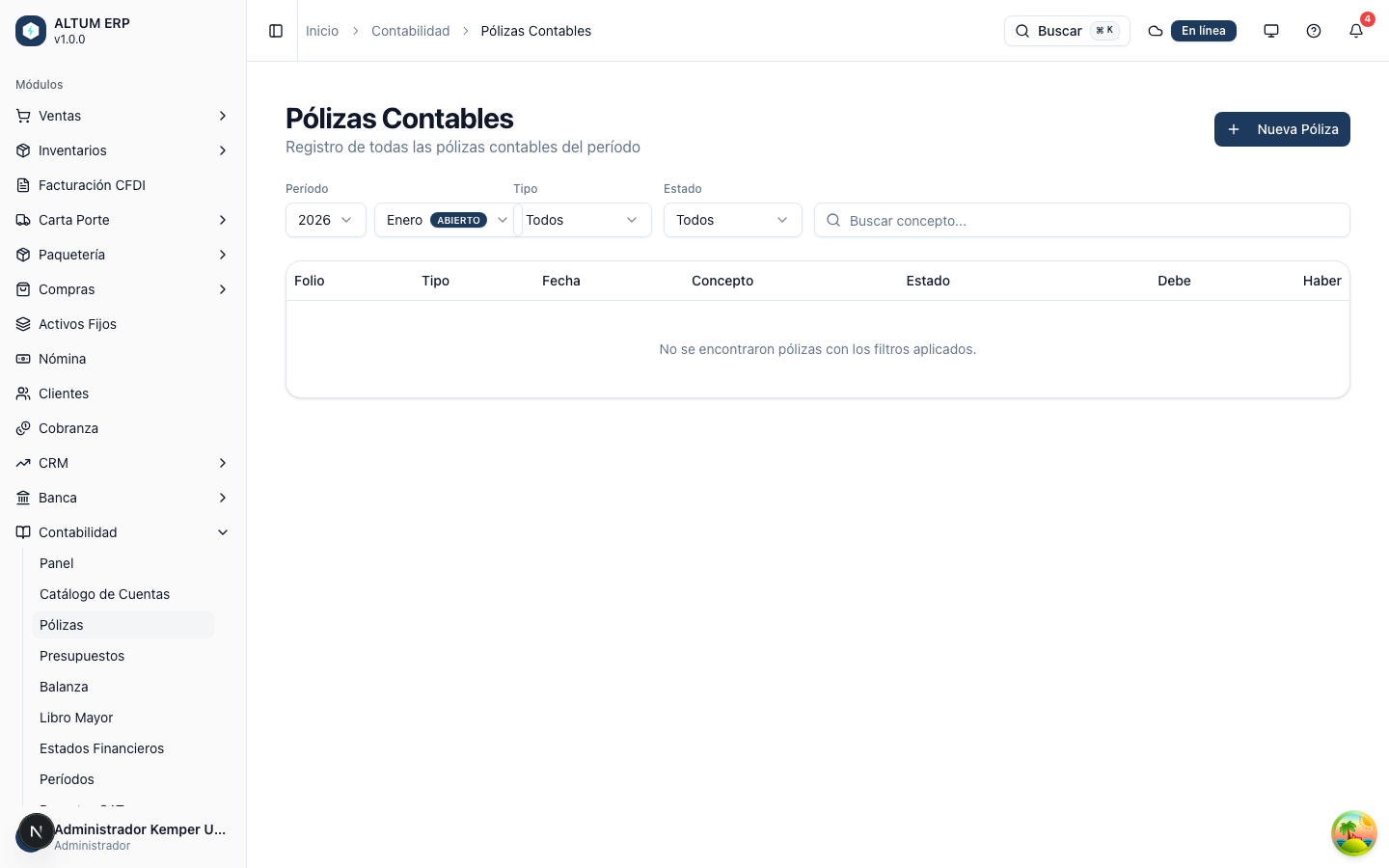 Pantalla de lista de pólizas contables