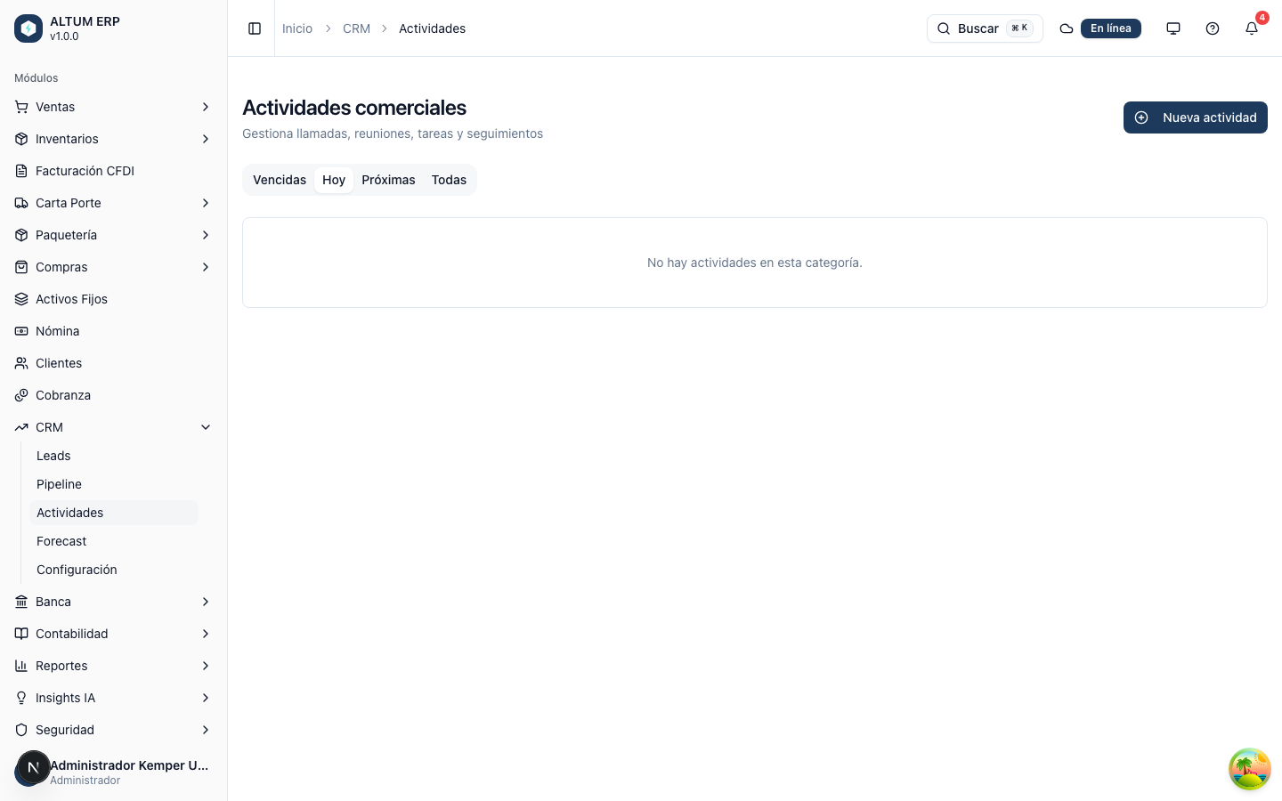 Pantalla de actividades comerciales con pestañas