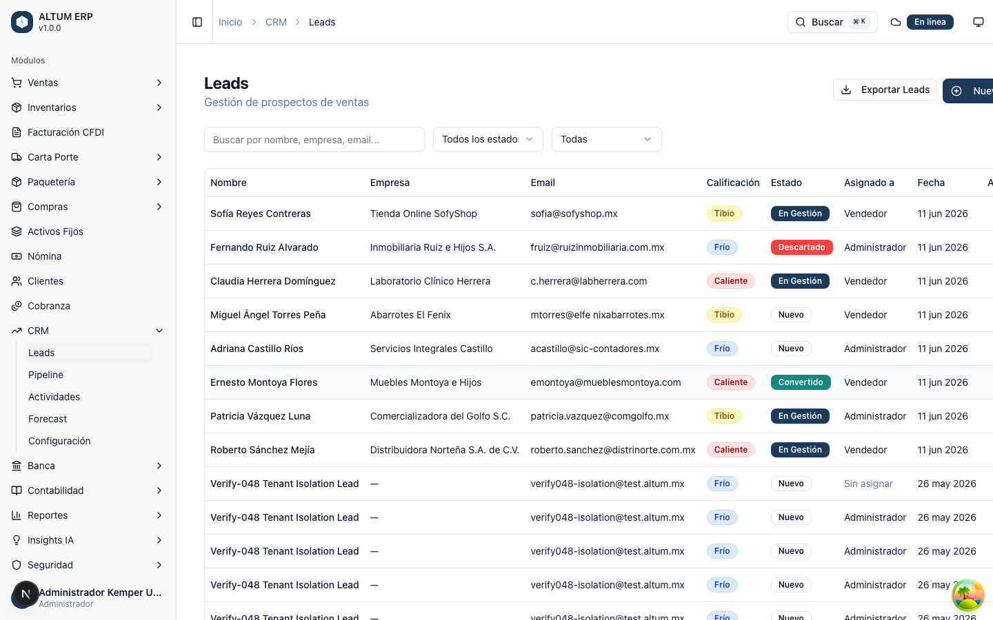 Lista de leads con filtros