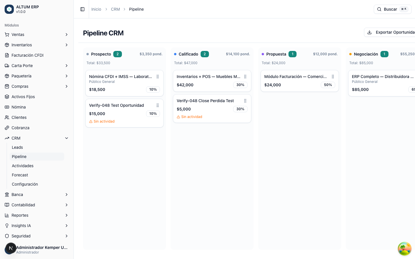 Tablero kanban del pipeline CRM