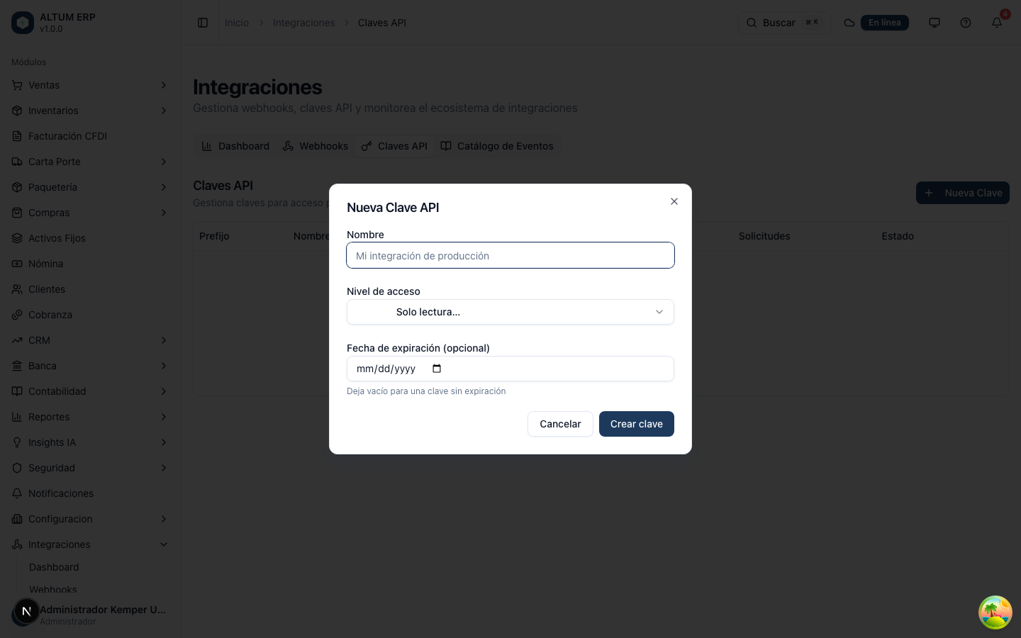 Formulario de nueva API Key