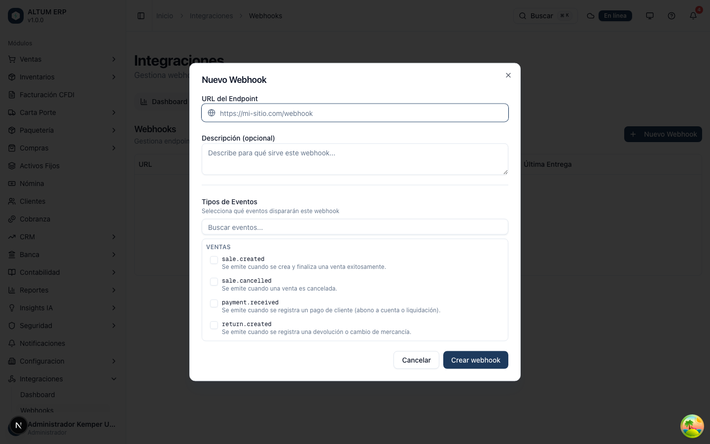 Formulario de nueva suscripción de webhook