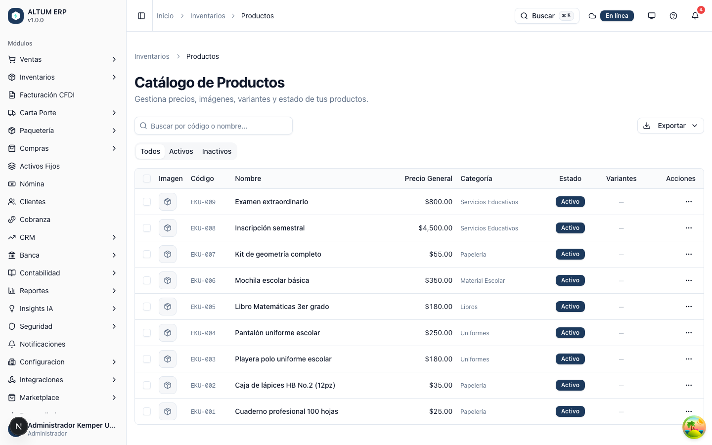 Módulo de productos