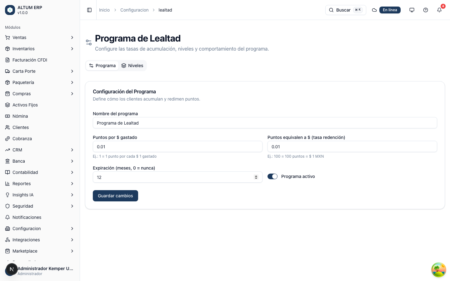 Pantalla de configuración de Lealtad — pestañas Programa y Niveles