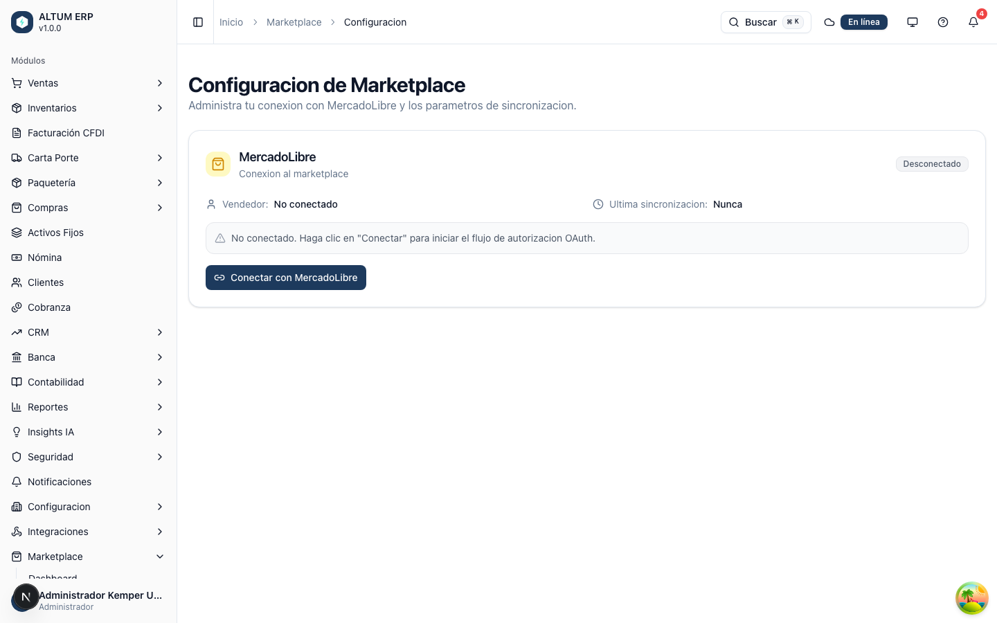 Pantalla de Configuración de Marketplace