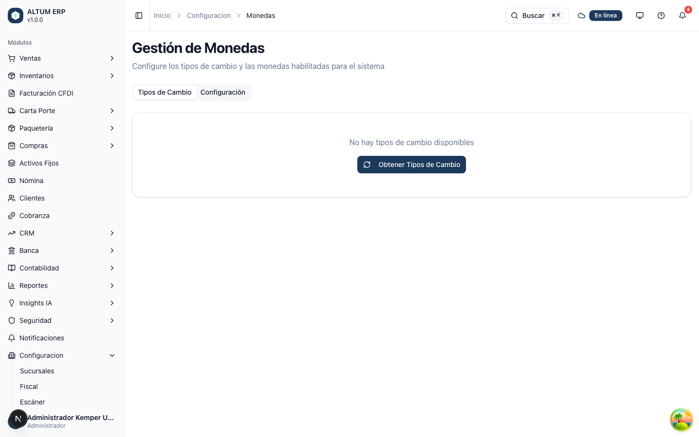 Pantalla principal de Gestión de Monedas