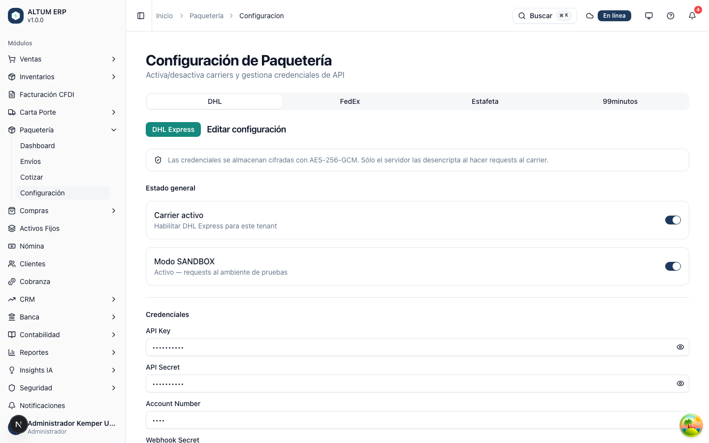 Pantalla de configuración de paqueterías