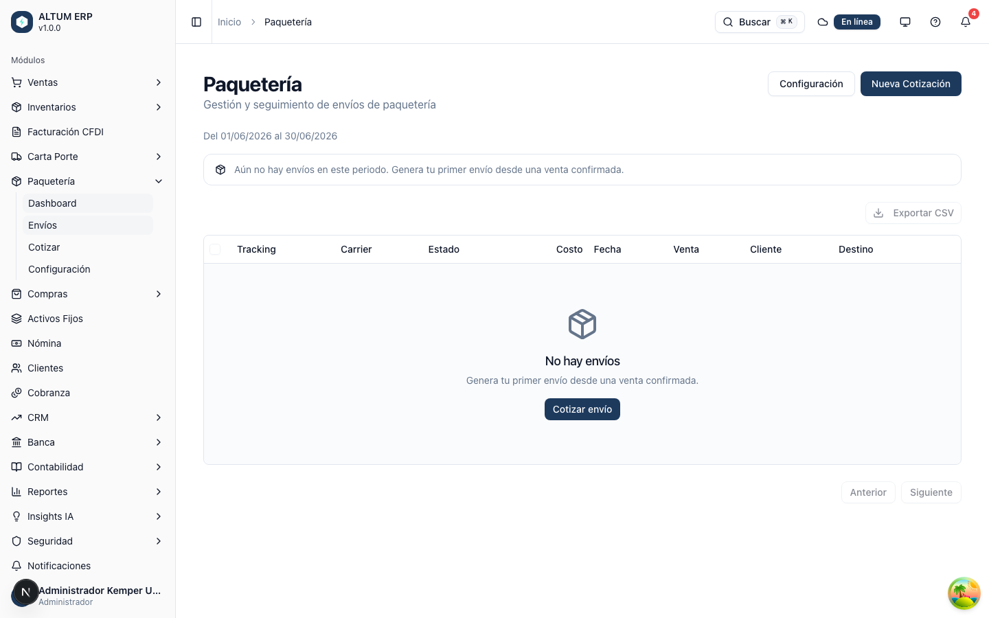 Pantalla principal de paquetería con KPIs y tabla de envíos