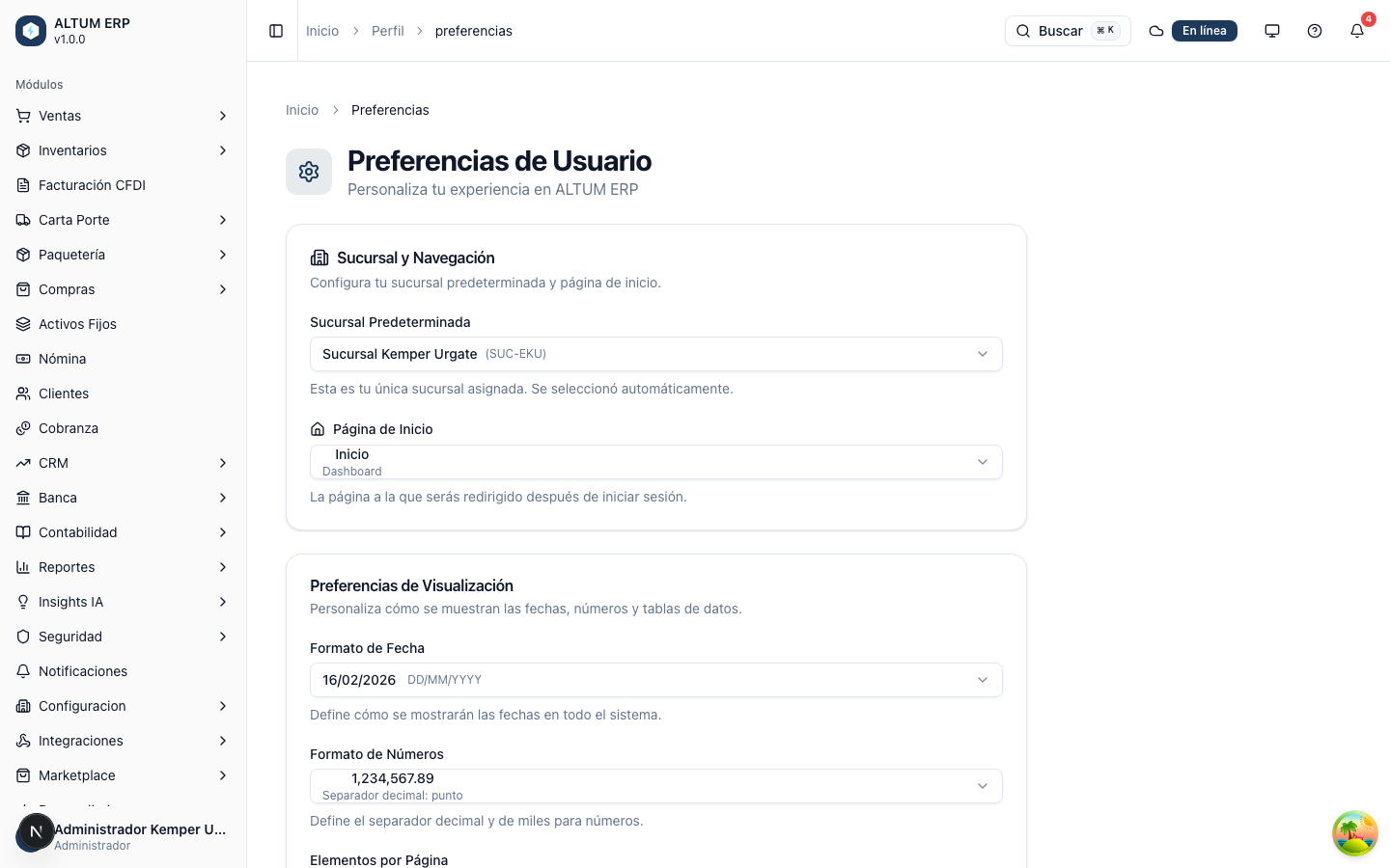 Pantalla de Preferencias de Usuario