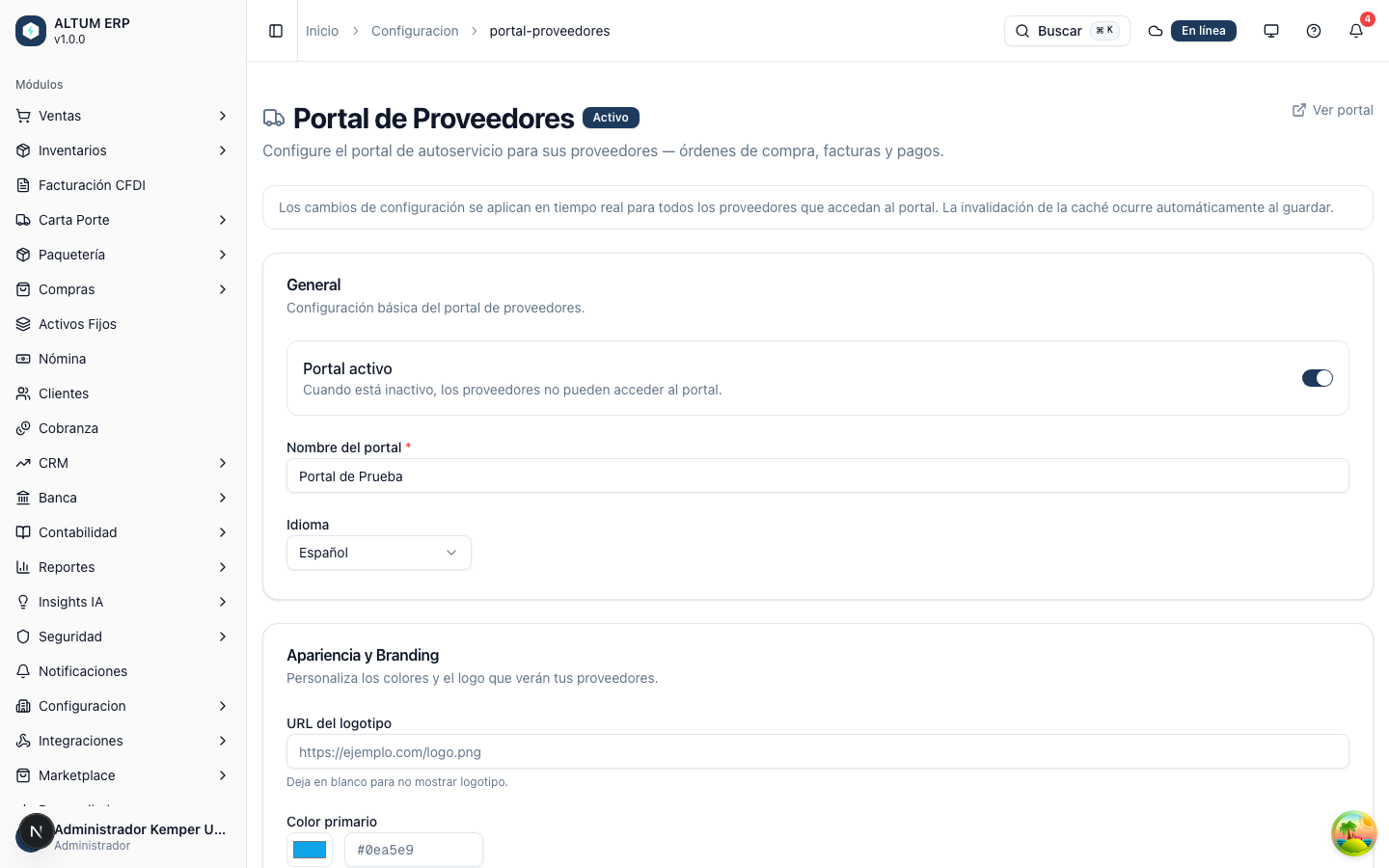Pantalla de configuración del portal de proveedores